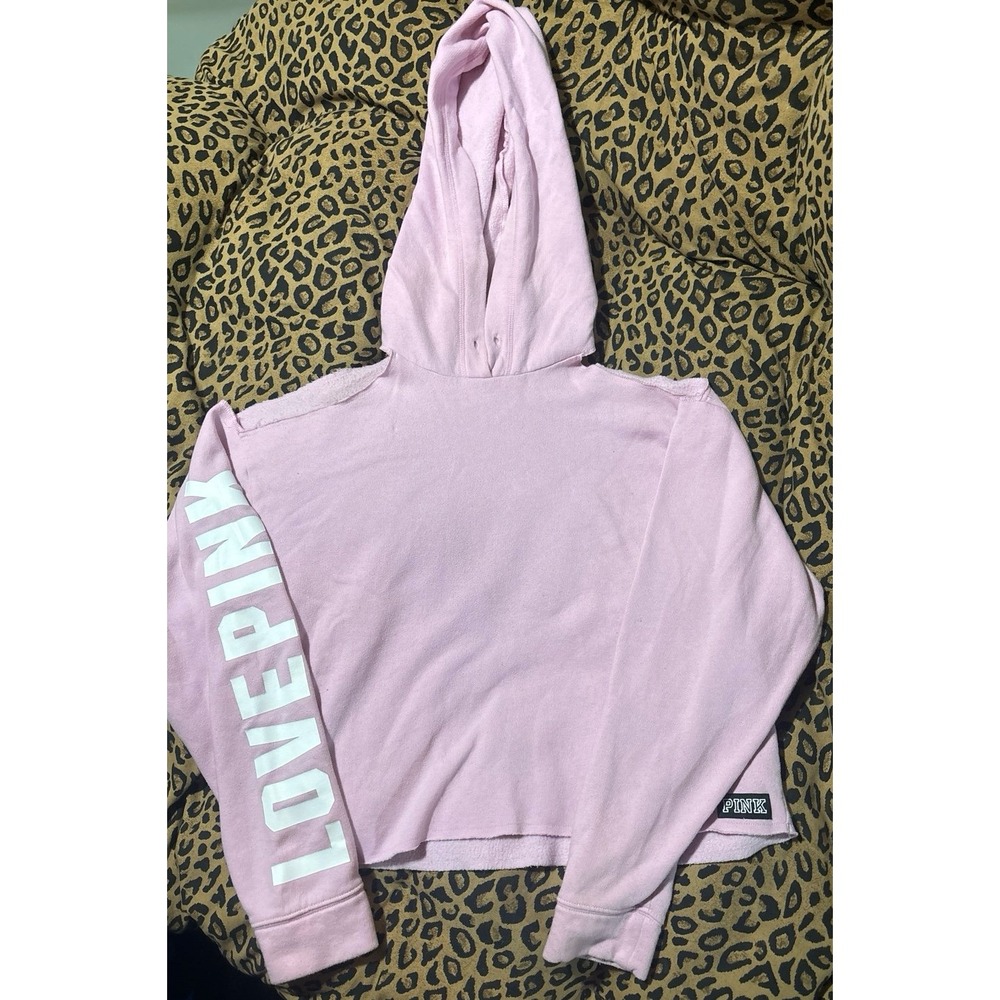 Victoria's Secret PINK Light Pink Cropped Cold Shoulder Pullover Hoodie, Medium